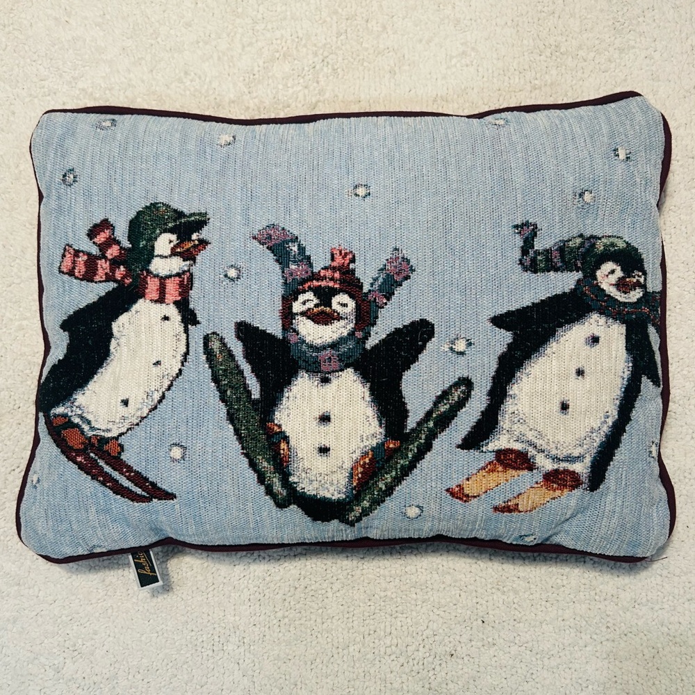 Holiday pillow penguins on skis design Christmas decor  vintage blue red white